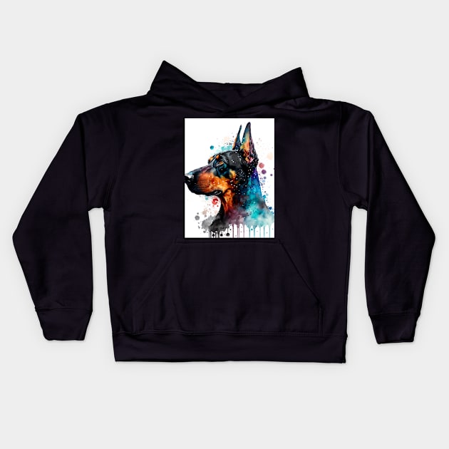 Cute Doberman Pinscher in Watercolor Artwork Kids Hoodie by Devenuto Ven